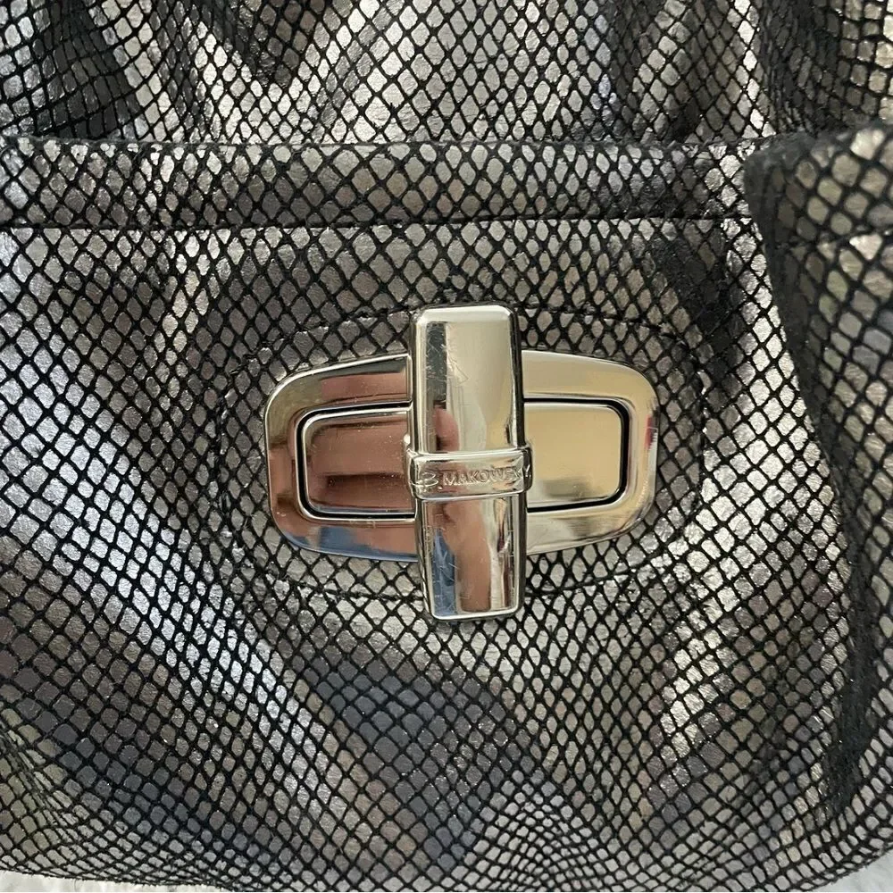 B. Makowsky Hobo Purse‎ Womens Metallic Chrome Coated Leather Shoulder Bag